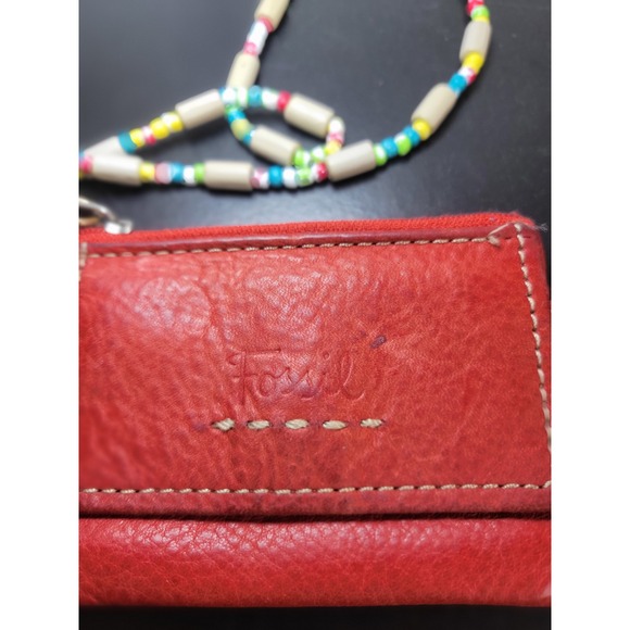 Fossil Red Leather Coin Purse ID Wallet with Beaded Lanyard - Picture 1 of 7
